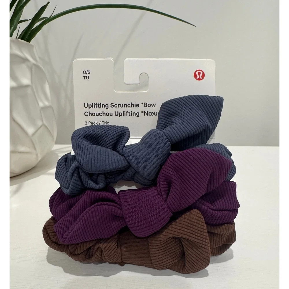 Lululemon Uplifting Scrunchie Bow 3 Pack Shale Blue Java Dramatic Magenta